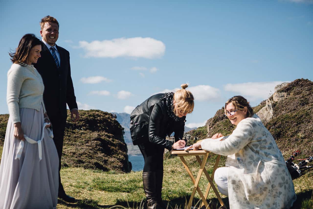 signing register Wedding photography Cuillin ridge Dunscaith Isle of Skye