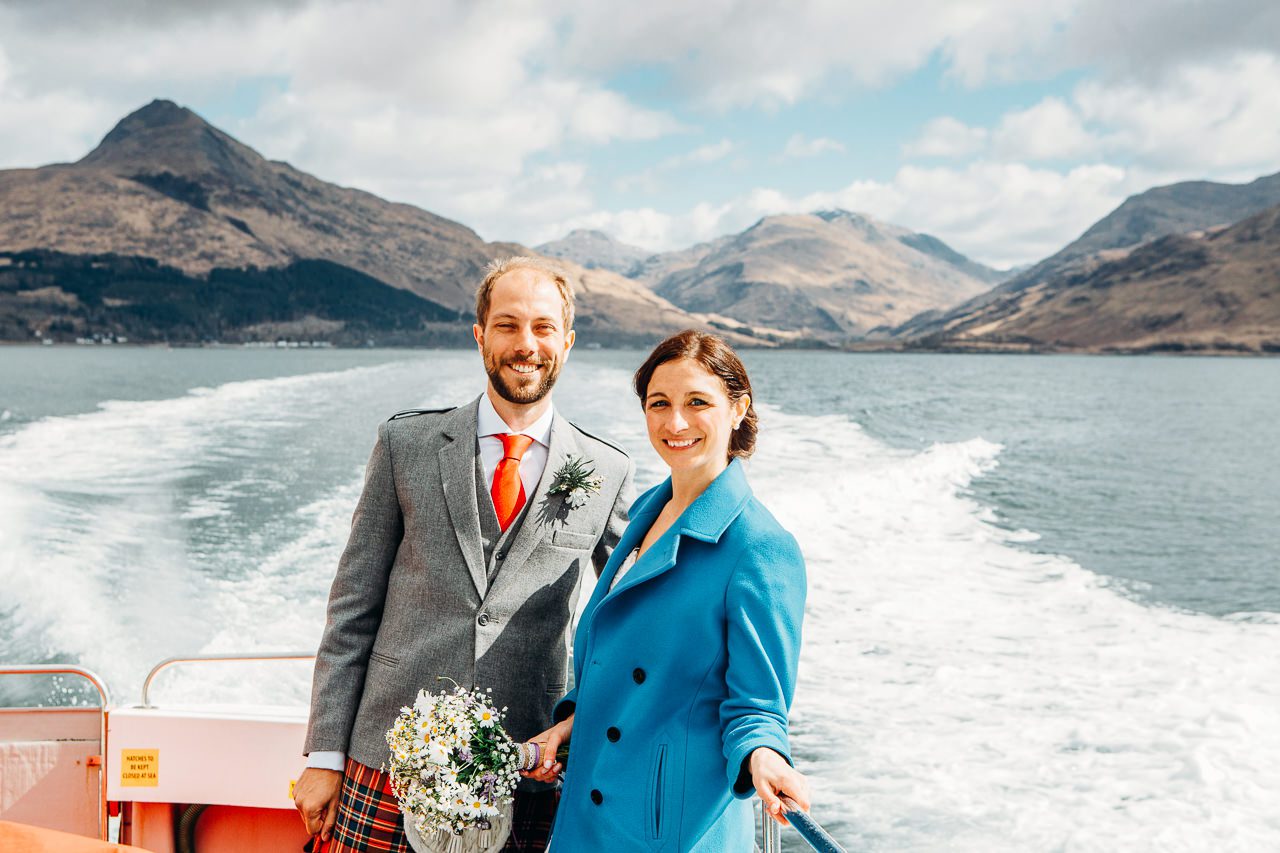 bride and groom on deck knoydart ferry knoydart and inverie