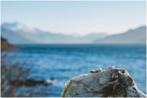 wedding and engagement rings on rock Sound of Sleat