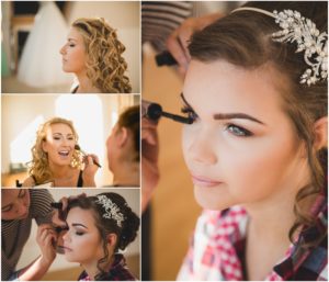 bride and bridesmaids make up prep on wedding day