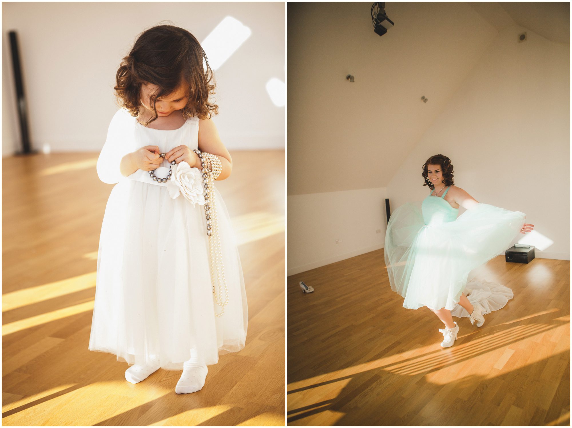 bridesmaid twirls in dress flowergirl plays with jewellery