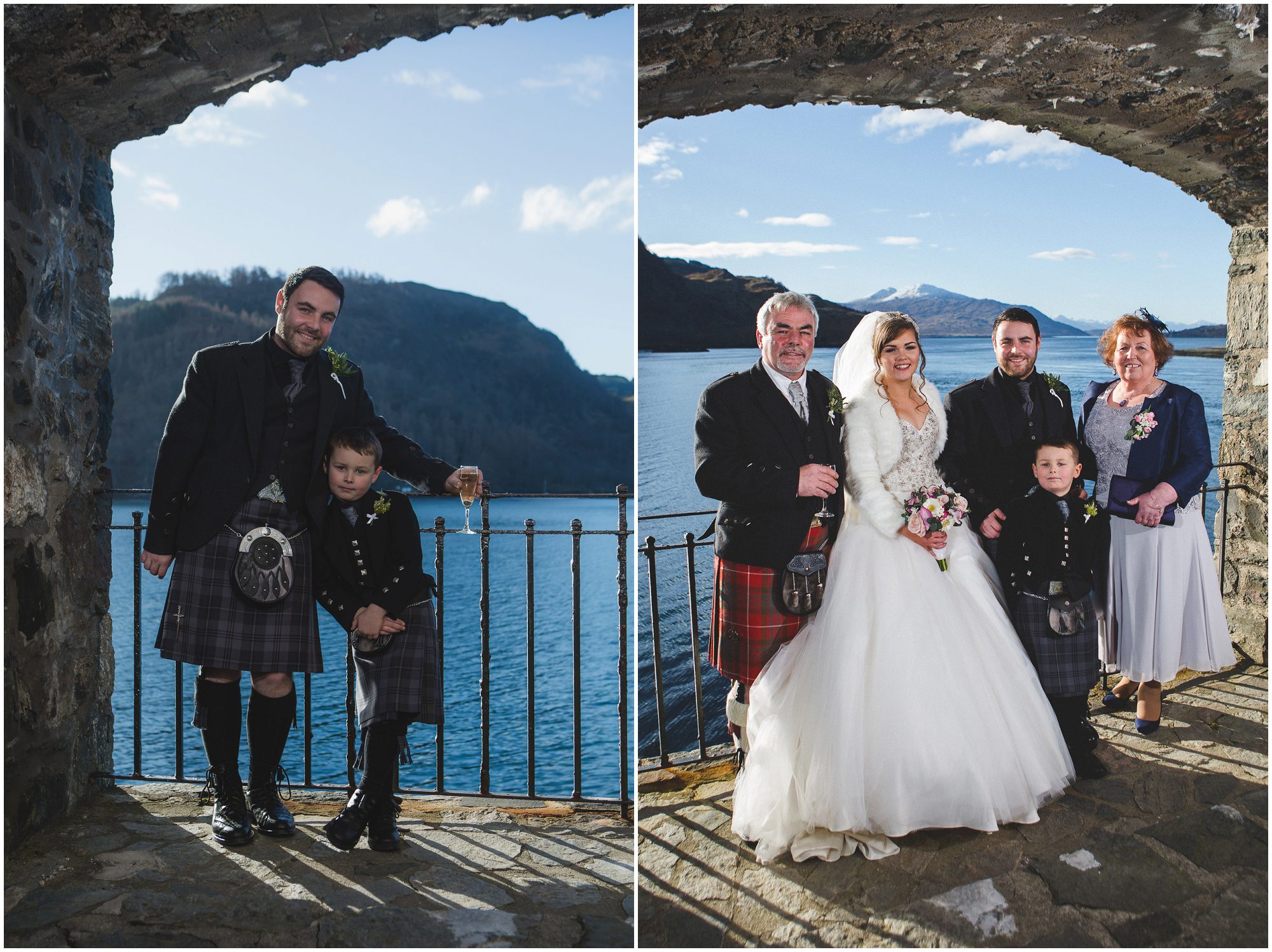 Bride and groom portraits Eilean Donan Castle views to Skye