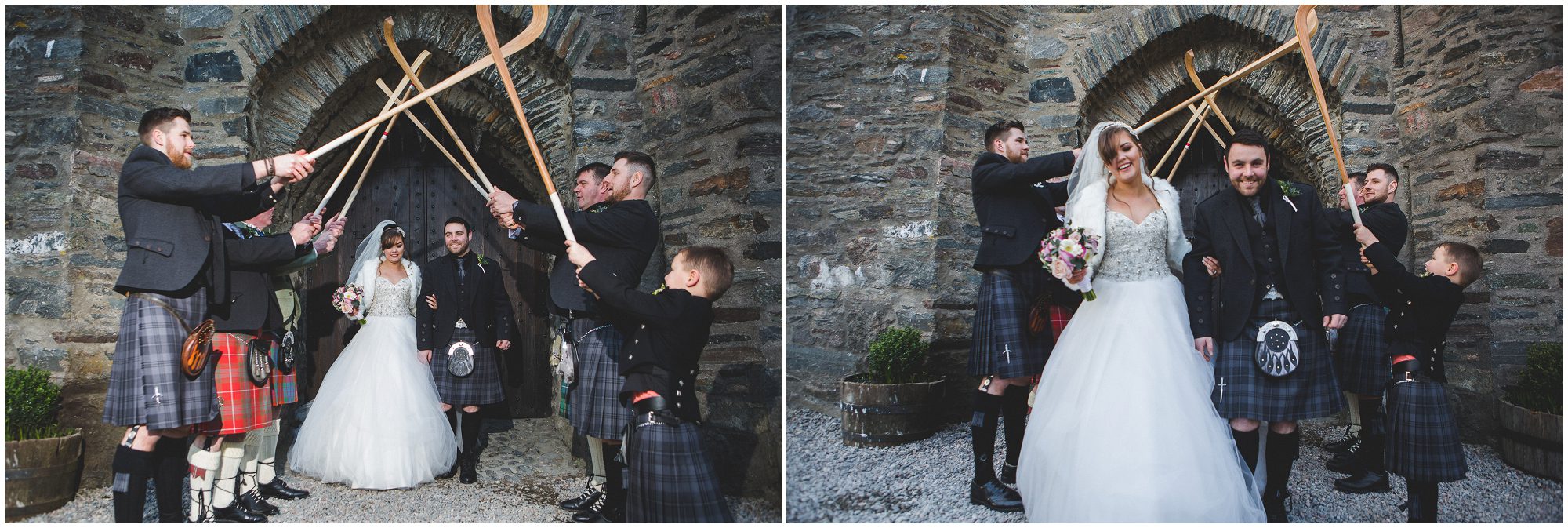 Shinty guard of honour Eilean Donan Castle wedding