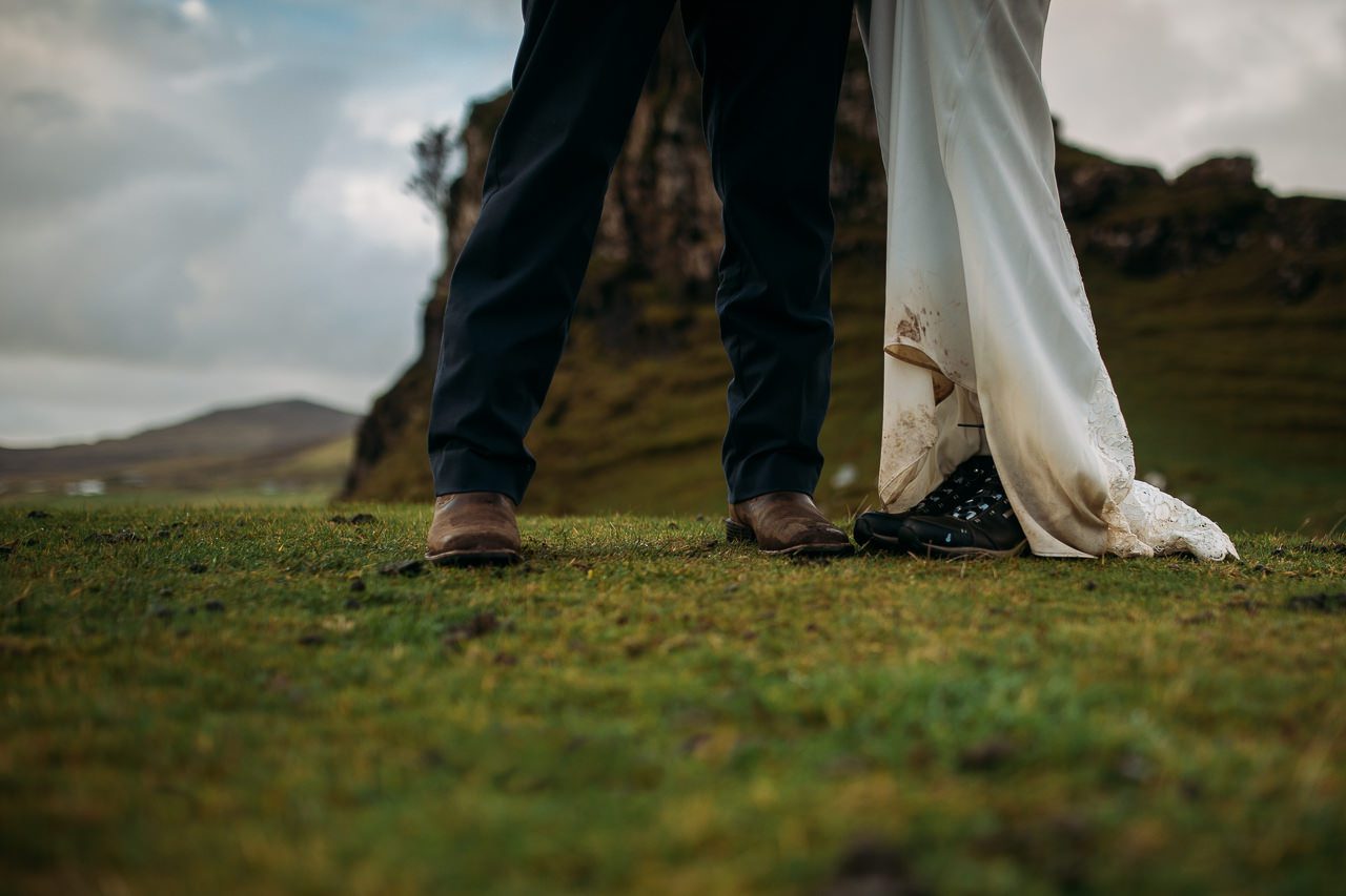 Muddy wedding dress and hiking boots Fairy Glen Isle of Skye