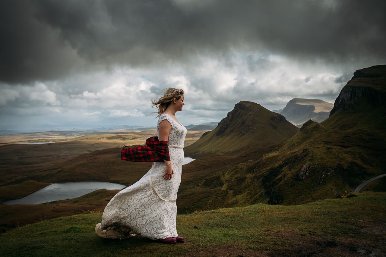 Bride with tartan shawl wedding photography at Quiriaing Isle of Skye