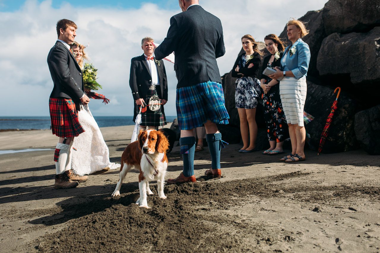 wedding ceremony bride and kilted groom Staffin beach Isle of Skye