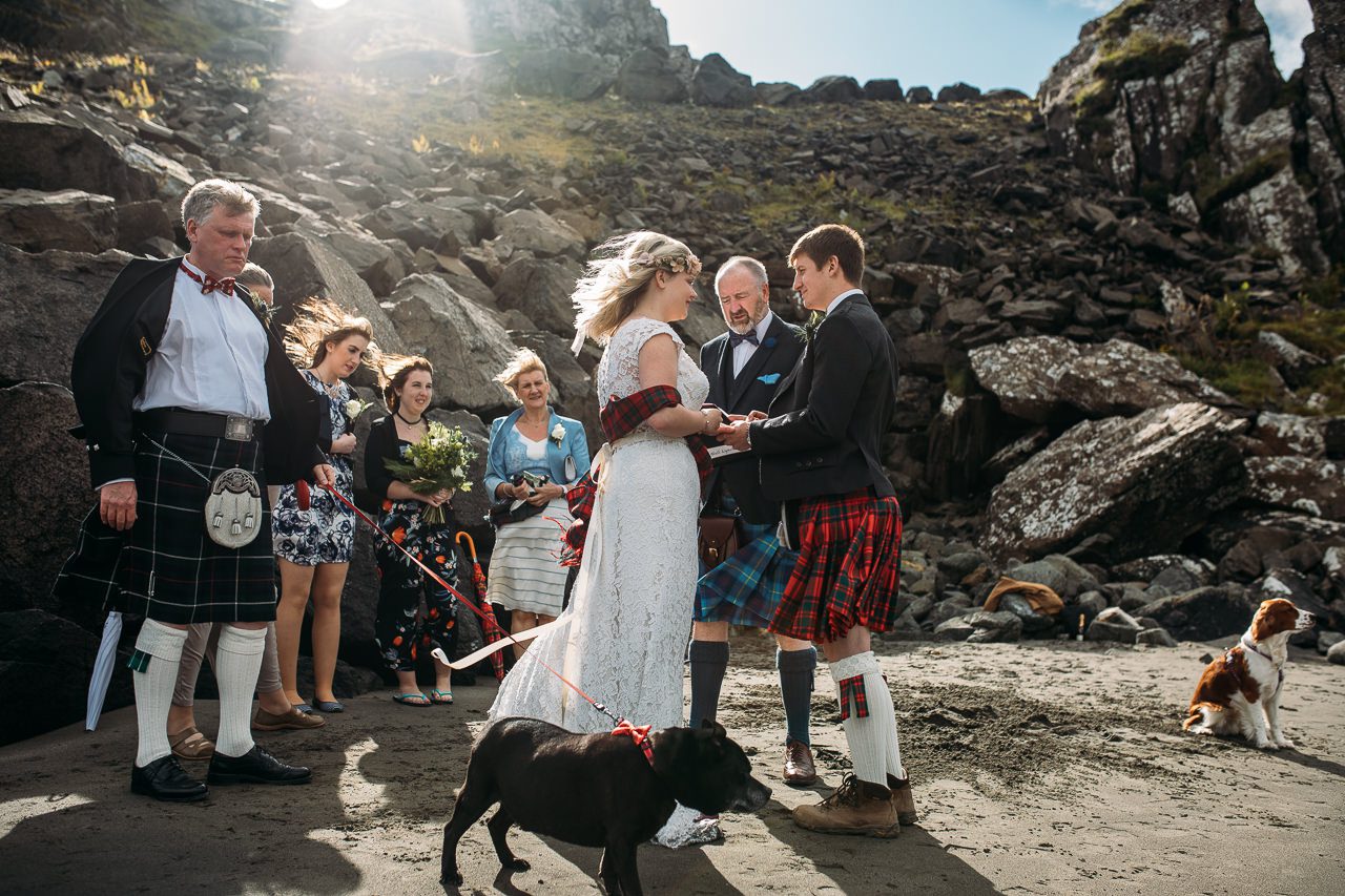 wedding ceremony bride and kilted groom Staffin beach Isle of Skye