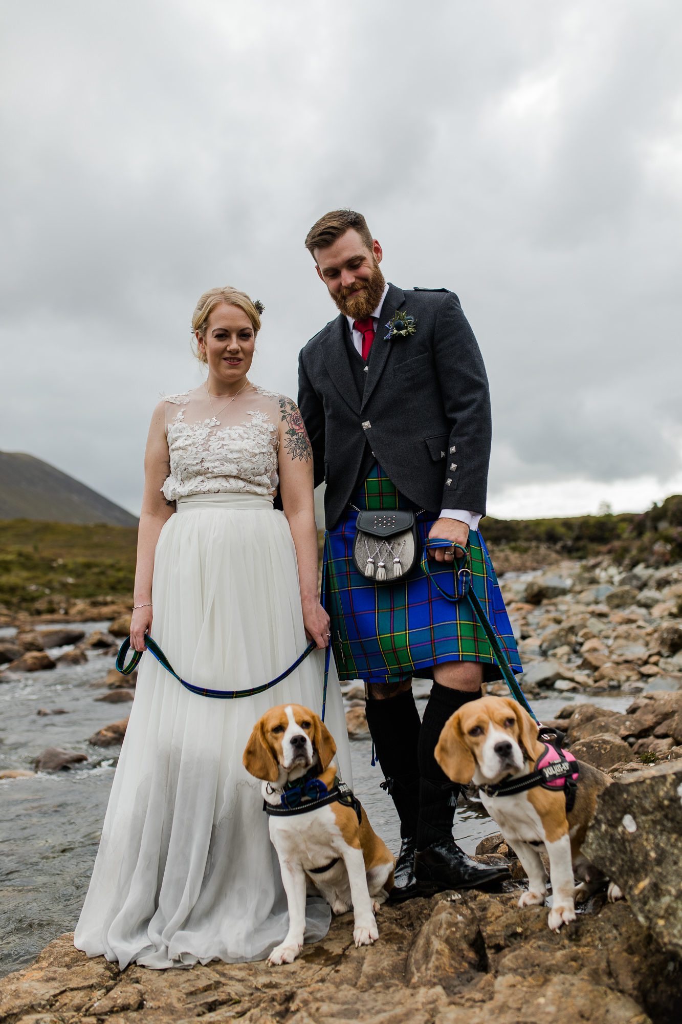 Bride and groom with beer and beagles Sligachan Isle of Skye