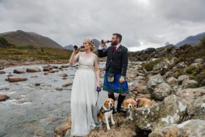 Bride and groom and beagles Sligachan Isle of Skye