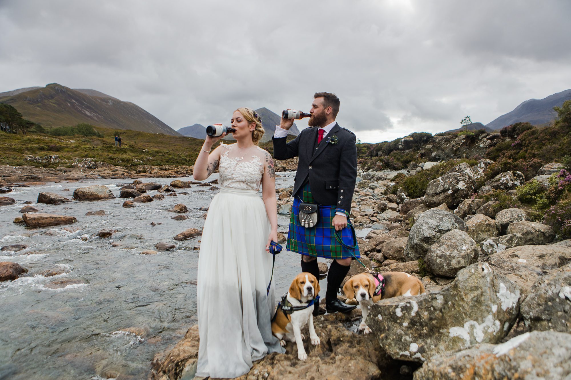 Bride and groom and beagles Sligachan Isle of Skye