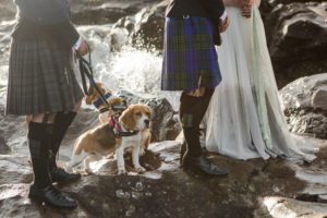Elopement ceremony Fairy pools Isle of Skye early morning with beagles