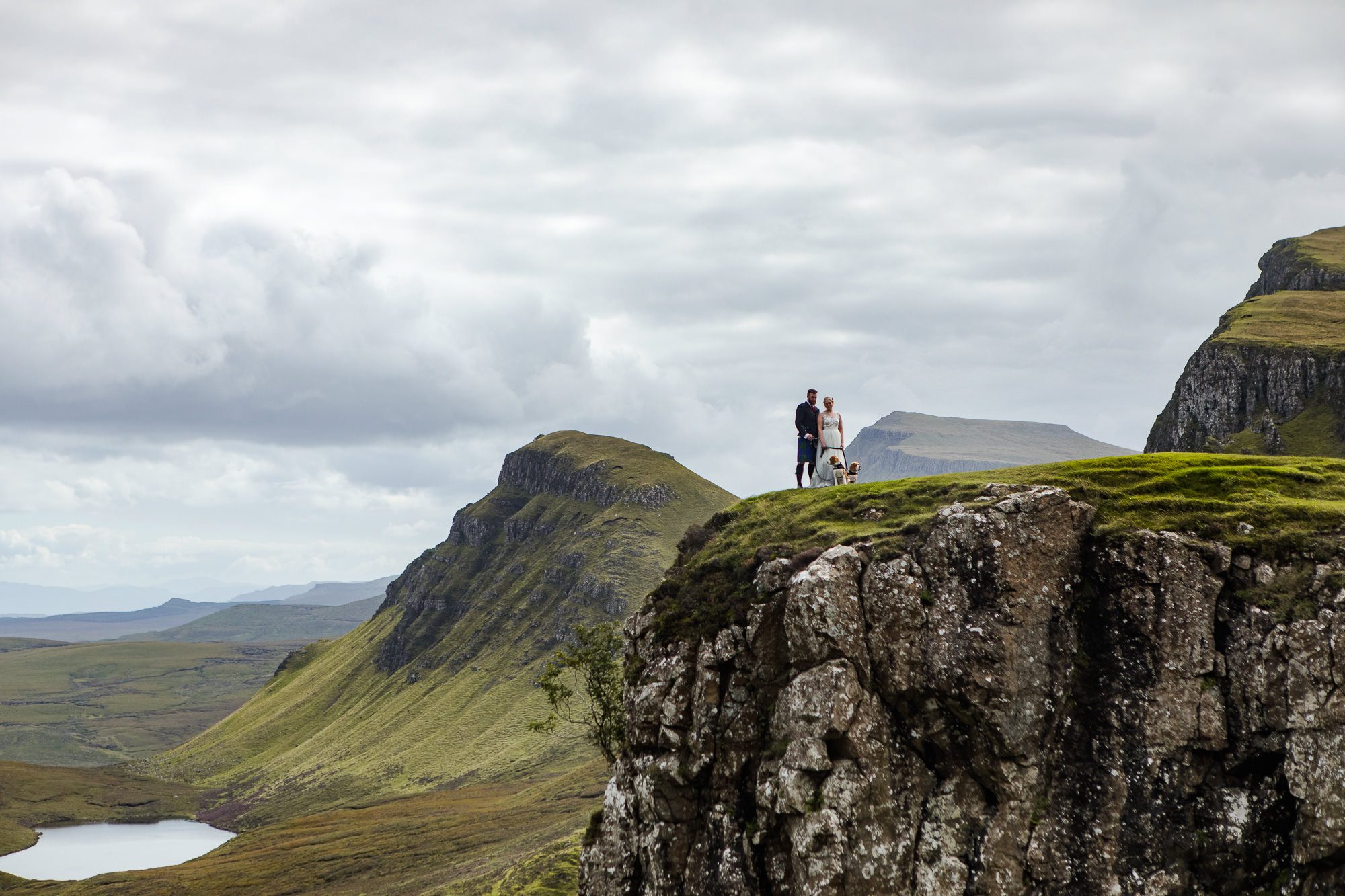 Bride and groom with beagles Isle of Skye Quiraing wedding