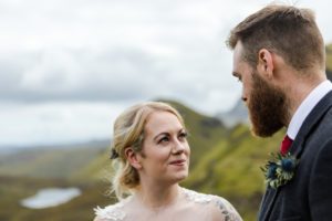 Bride and groom with beagles Isle of Skye Quiraing wedding