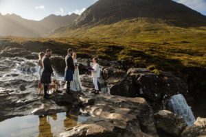 Elopement ceremony Fairy pools Isle of Skye early morning with beagles