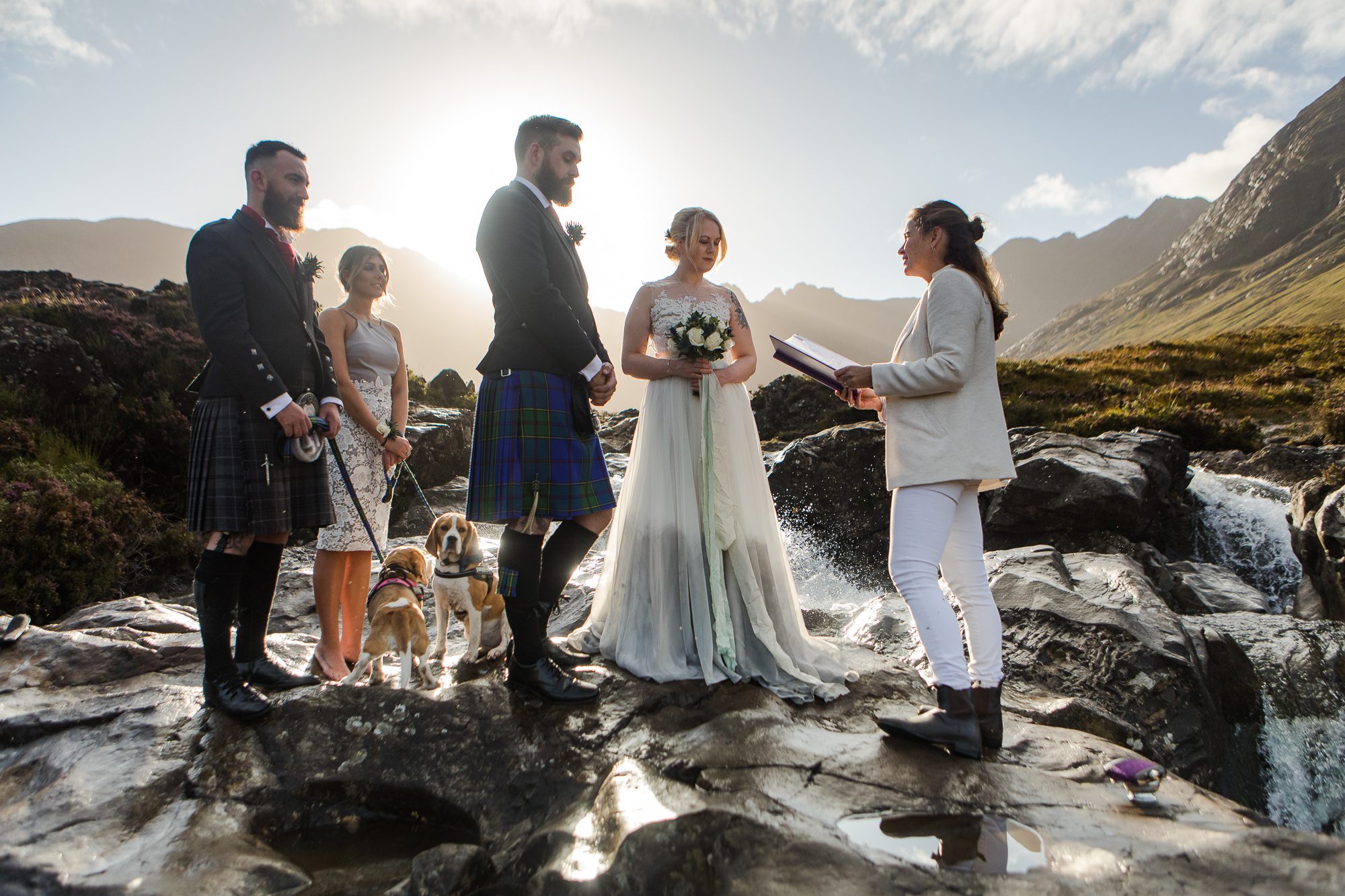 Elopement ceremony Fairy pools Isle of Skye early morning with beagles