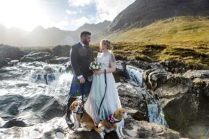 Elopement ceremony Fairy pools Isle of Skye early morning with beagles