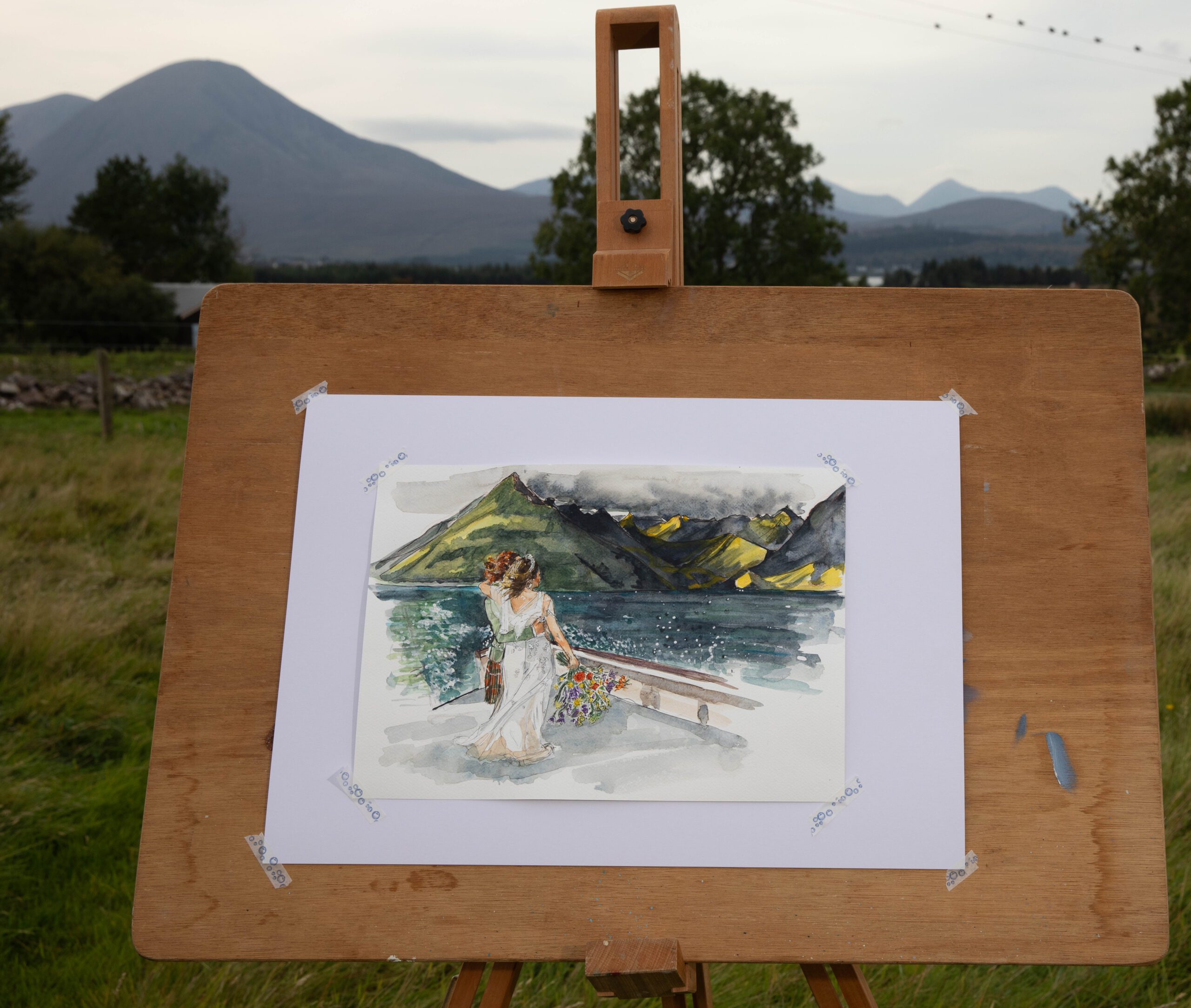 Live wedding painting of wedding at sea with Cuillin ridge Isle of Skye on easel